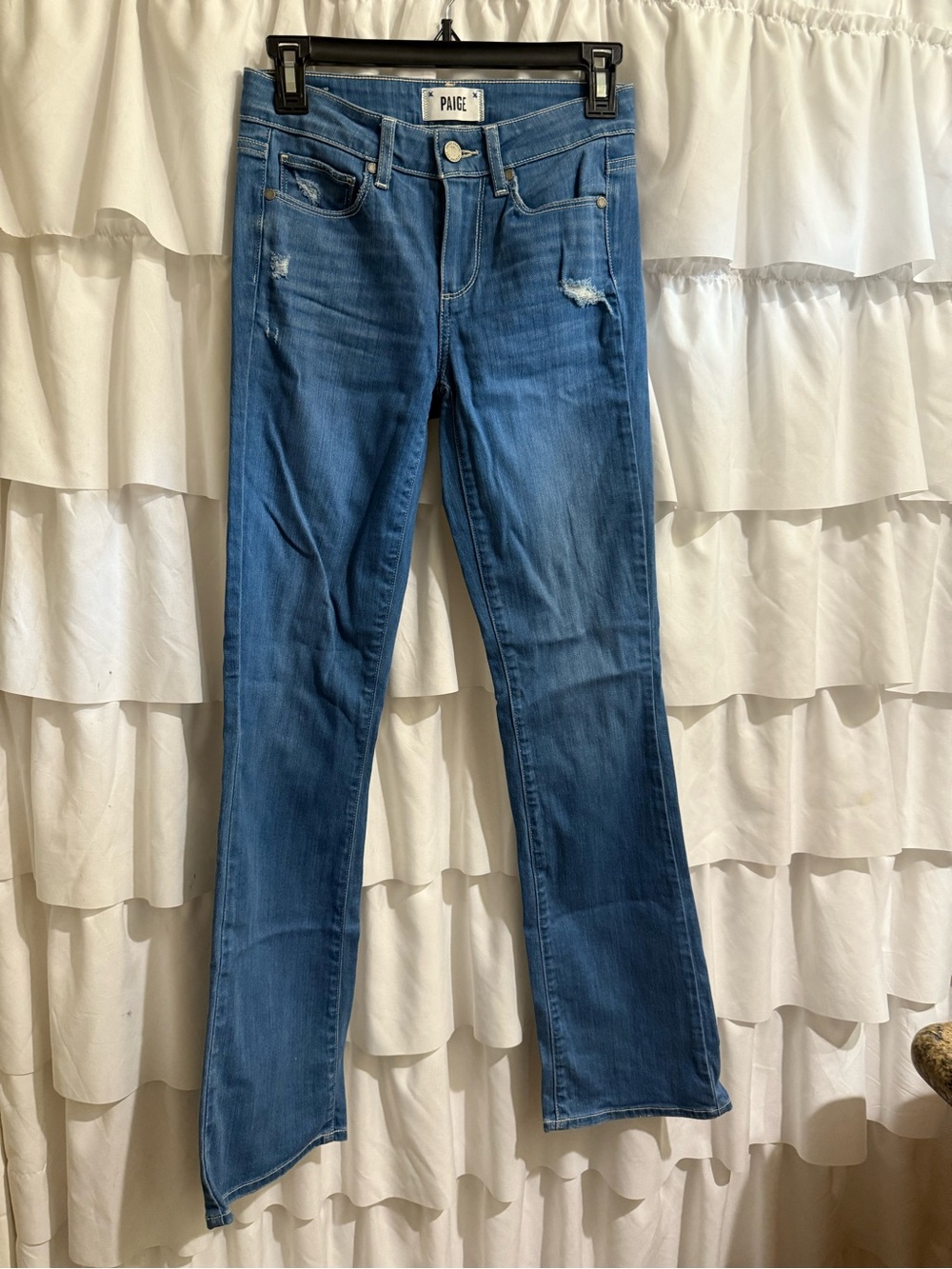 PAIGE Medium Blue Flare Jeans with Subtle Distressing